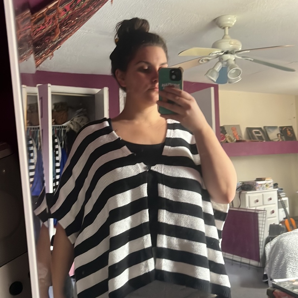Vince Camuto Black and White Striped Poncho